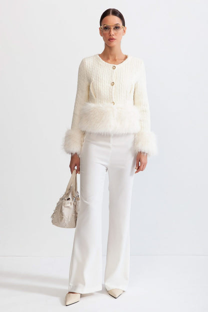 Yün Karışımlı Sahte Kürk Manto - Beyaz