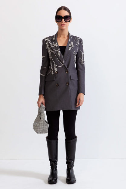 Mücevherli Çift Sıralı Uzun Blazer - Gri