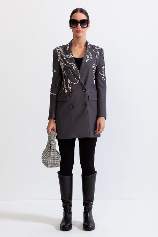 Mücevherli Çift Sıralı Uzun Blazer - Gri