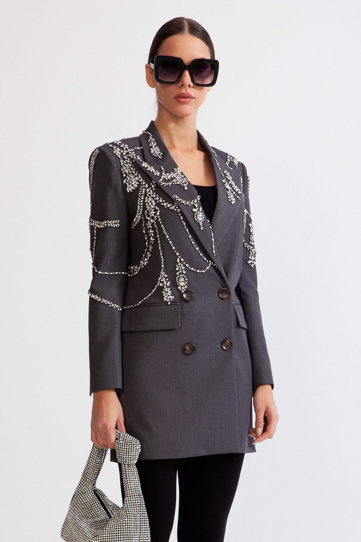 Mücevherli Çift Sıralı Uzun Blazer - Gri