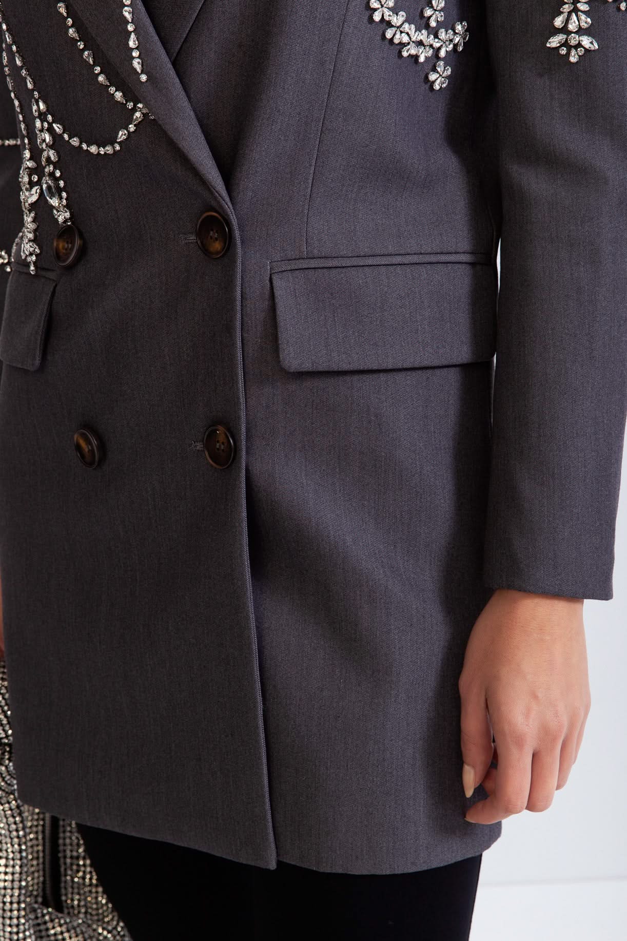 Mücevherli Çift Sıralı Uzun Blazer - Gri