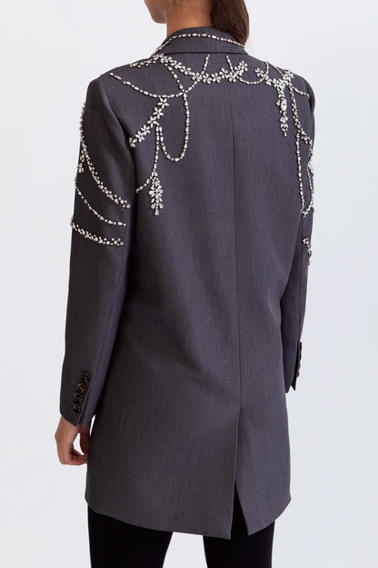 Mücevherli Çift Sıralı Uzun Blazer - Gri