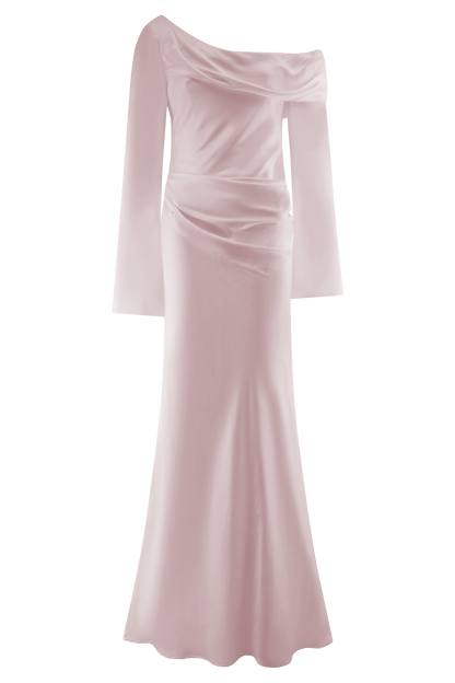 Butka™ Iris Uzun Kol Saten Maxi Elbise - Soft Pembe