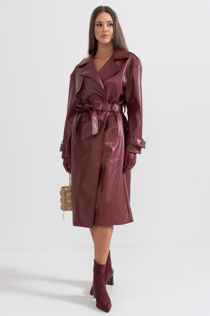 Vegan Deri Trençkot - Bordo