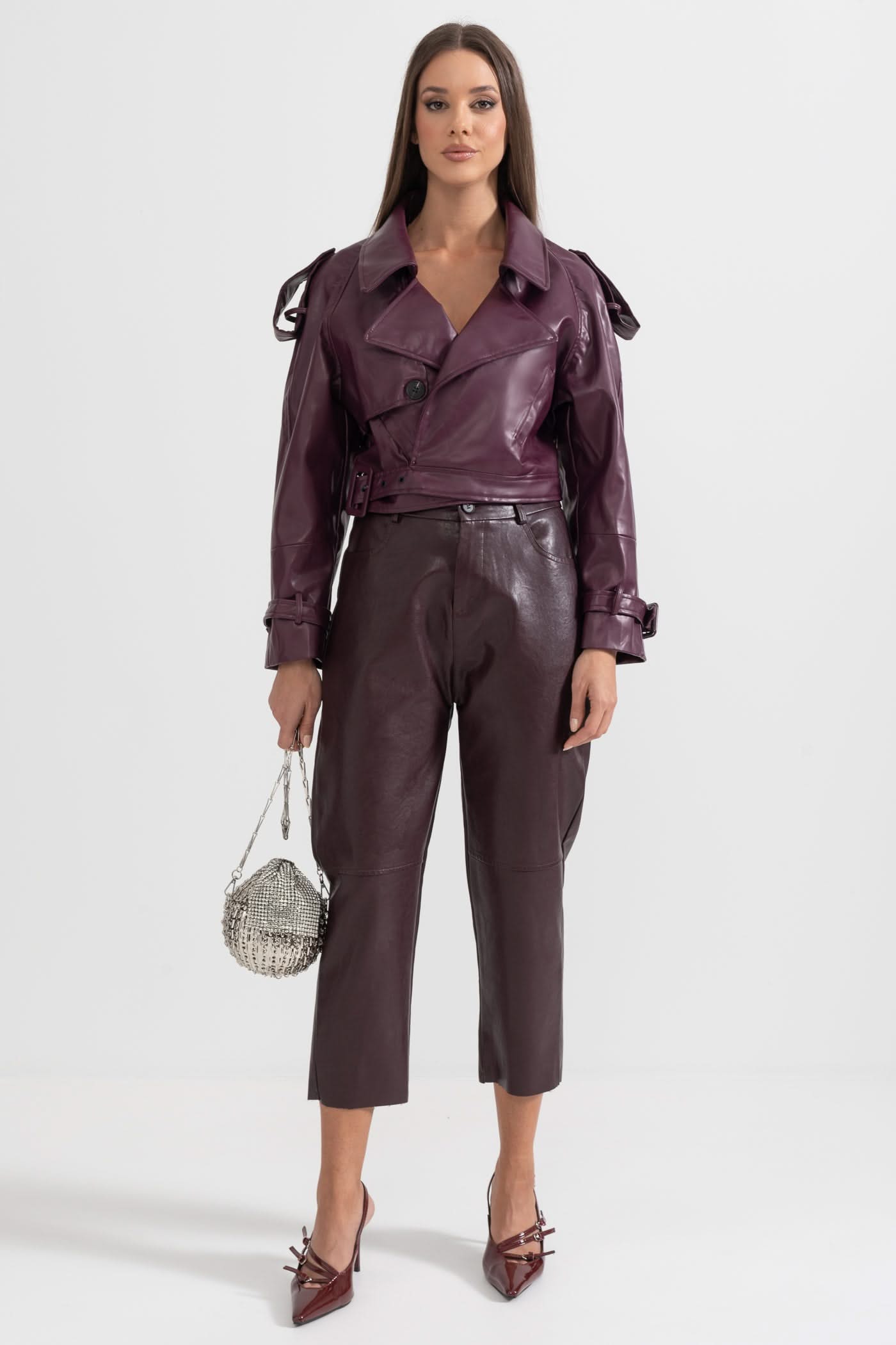 Çift Yaka Vegan Deri Ceket - Bordo