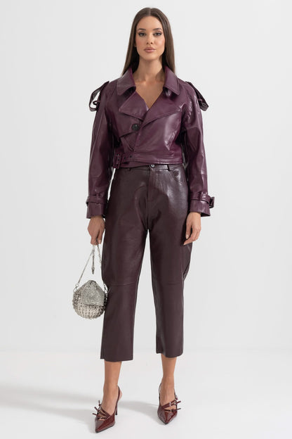 Çift Yaka Vegan Deri Ceket - Bordo