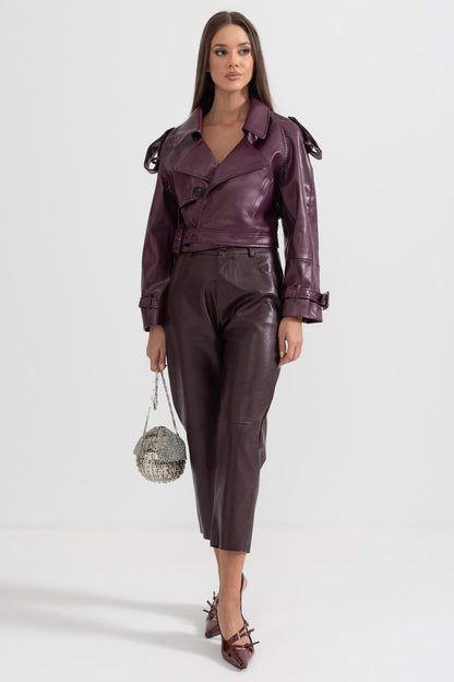 Çift Yaka Vegan Deri Ceket - Bordo