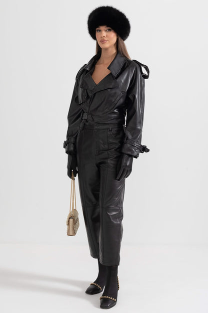 Çift Yaka Vegan Deri Ceket - Siyah