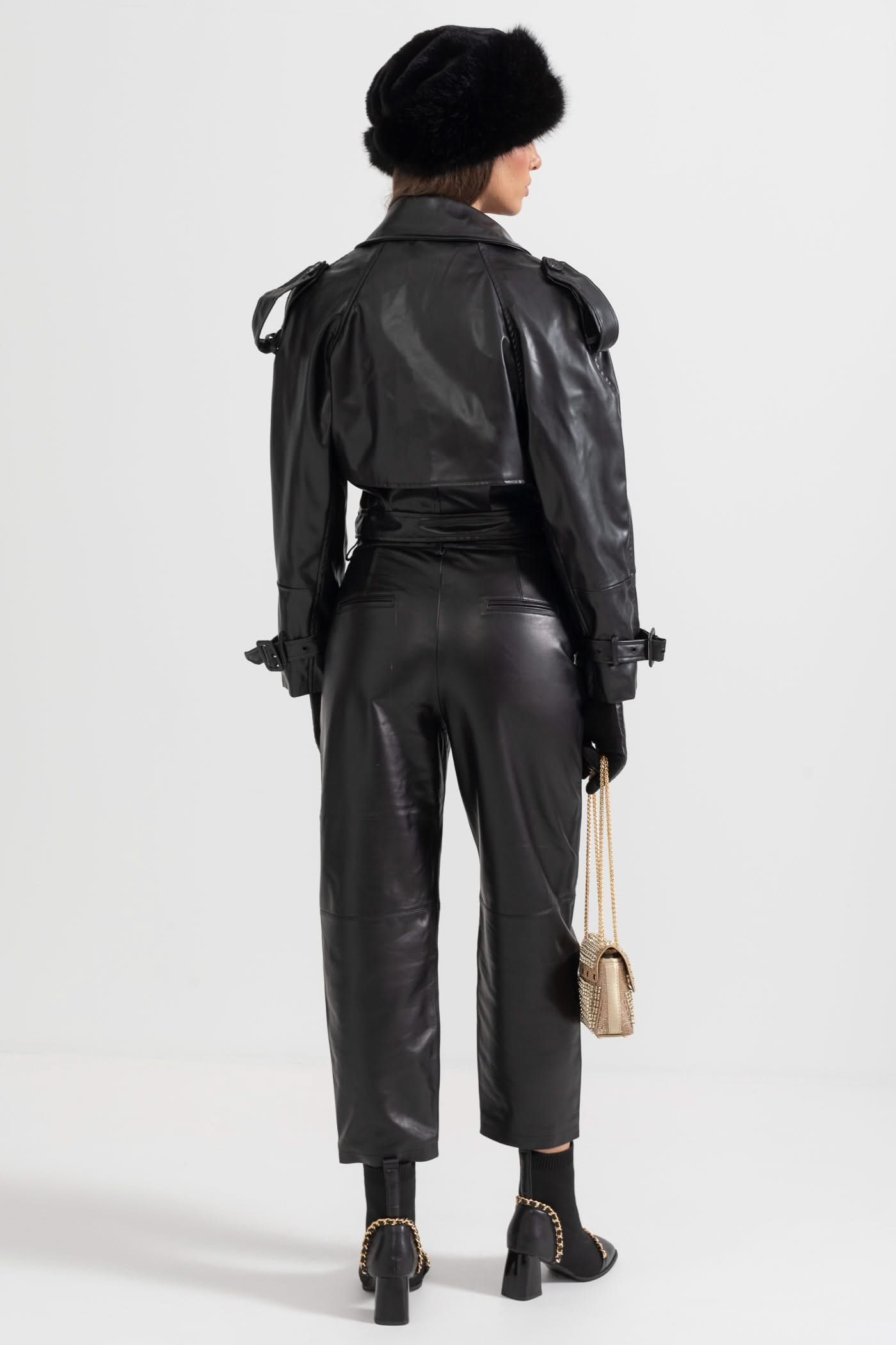 Çift Yaka Vegan Deri Ceket - Siyah