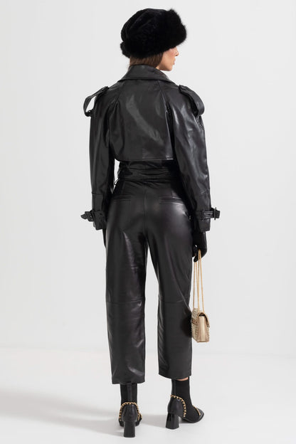 Çift Yaka Vegan Deri Ceket - Siyah