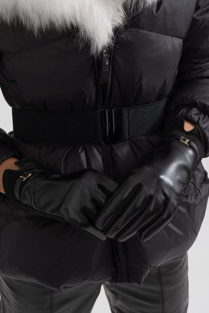 Altın Tokalı Vegan Deri Ve Süet Eldiven - Siyah