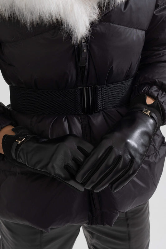 Altın Tokalı Vegan Deri Ve Süet Eldiven - Siyah