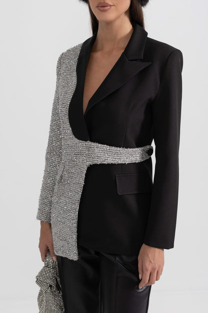 Asimetrik Etek Ucuna Sahip Çağdaş Çift Tonlu Blazer - Siyah Ve Gümüş