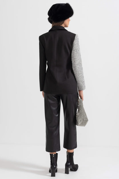 Asimetrik Etek Ucuna Sahip Çağdaş Çift Tonlu Blazer - Siyah Ve Gümüş