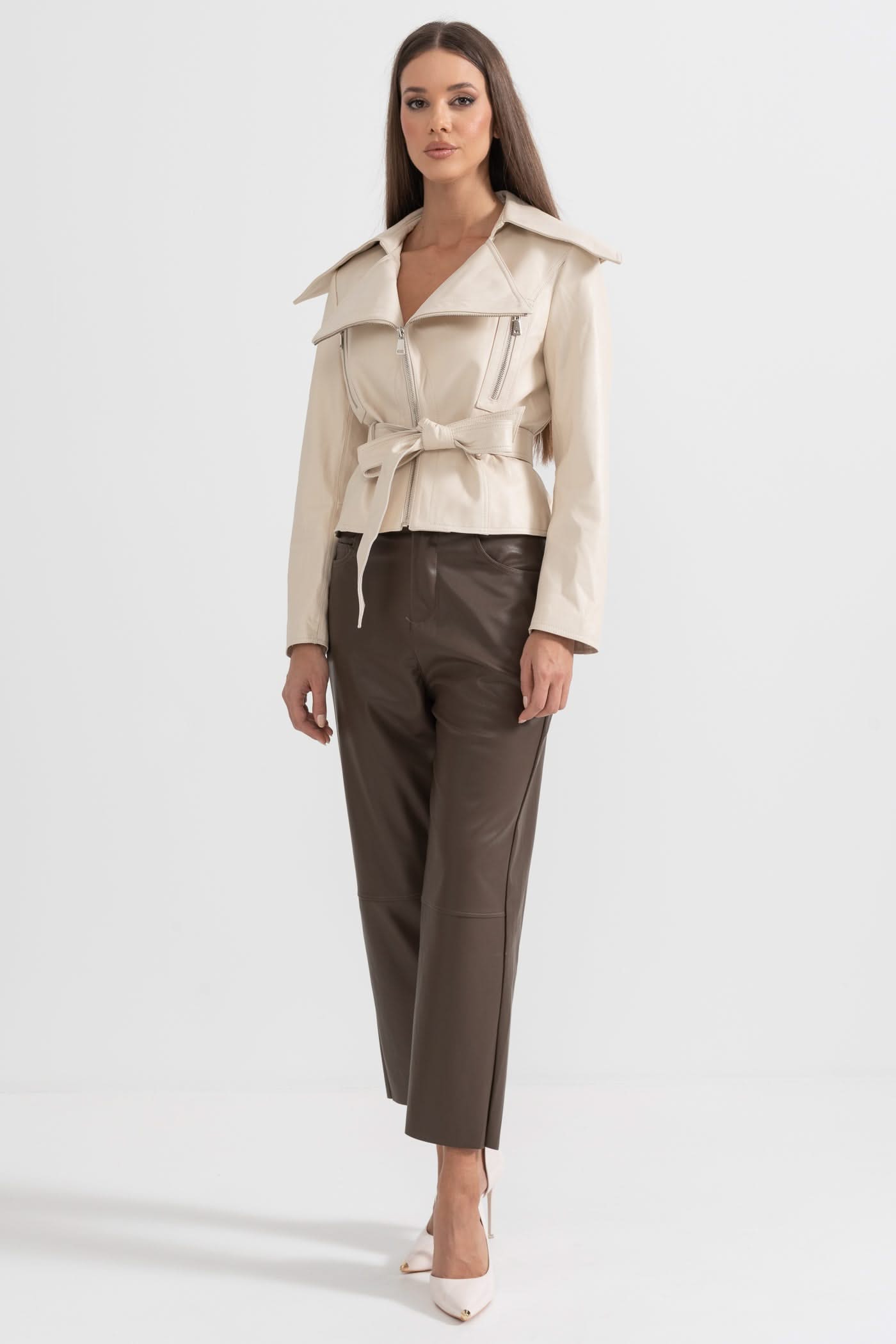 Kemerli Geniş Yaka Deri Ceket - Fildişi