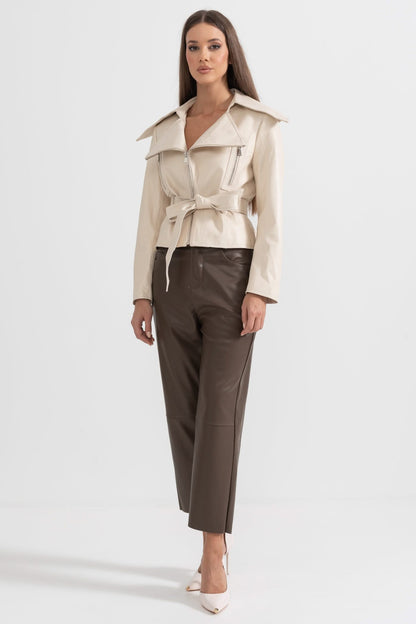 Kemerli Geniş Yaka Deri Ceket - Fildişi