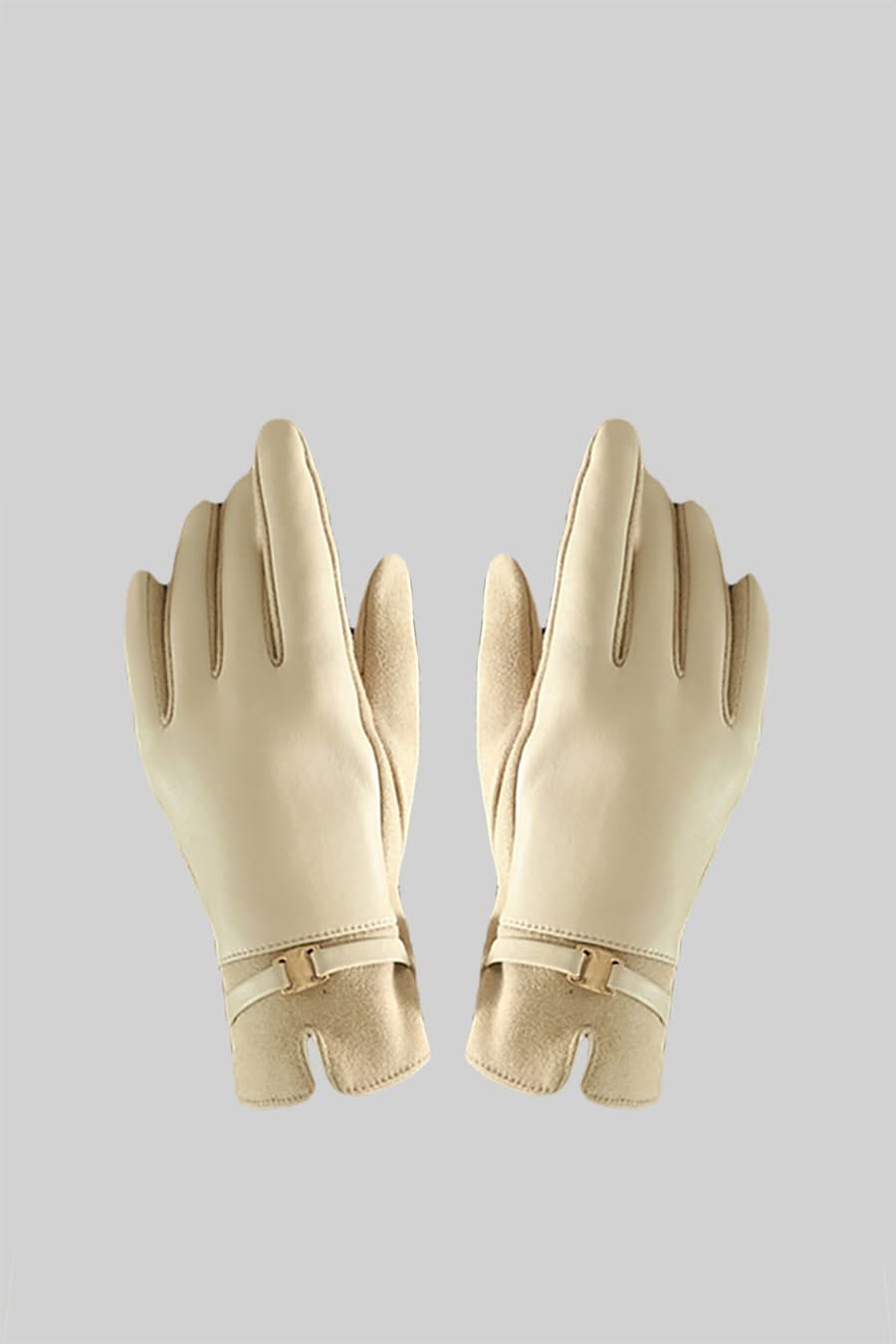 Altın Tokalı Vegan Deri Ve Süet Eldiven - Bej