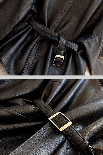 Ayarlanabilir Bel Kemerli Vegan Deri Ceket - Siyah