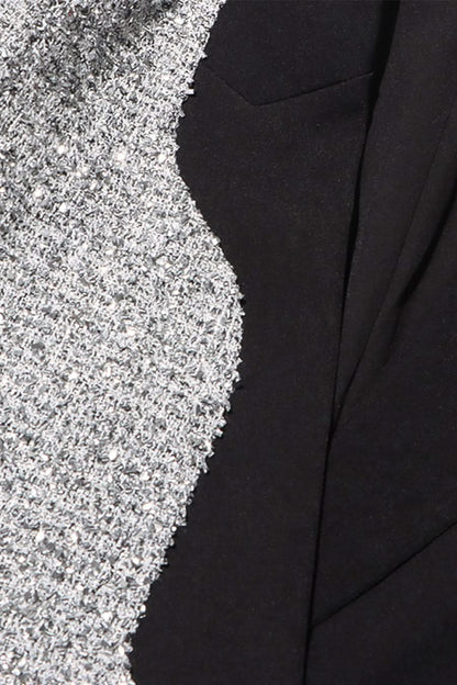 Asimetrik Etek Ucuna Sahip Çağdaş Çift Tonlu Blazer - Siyah Ve Gümüş