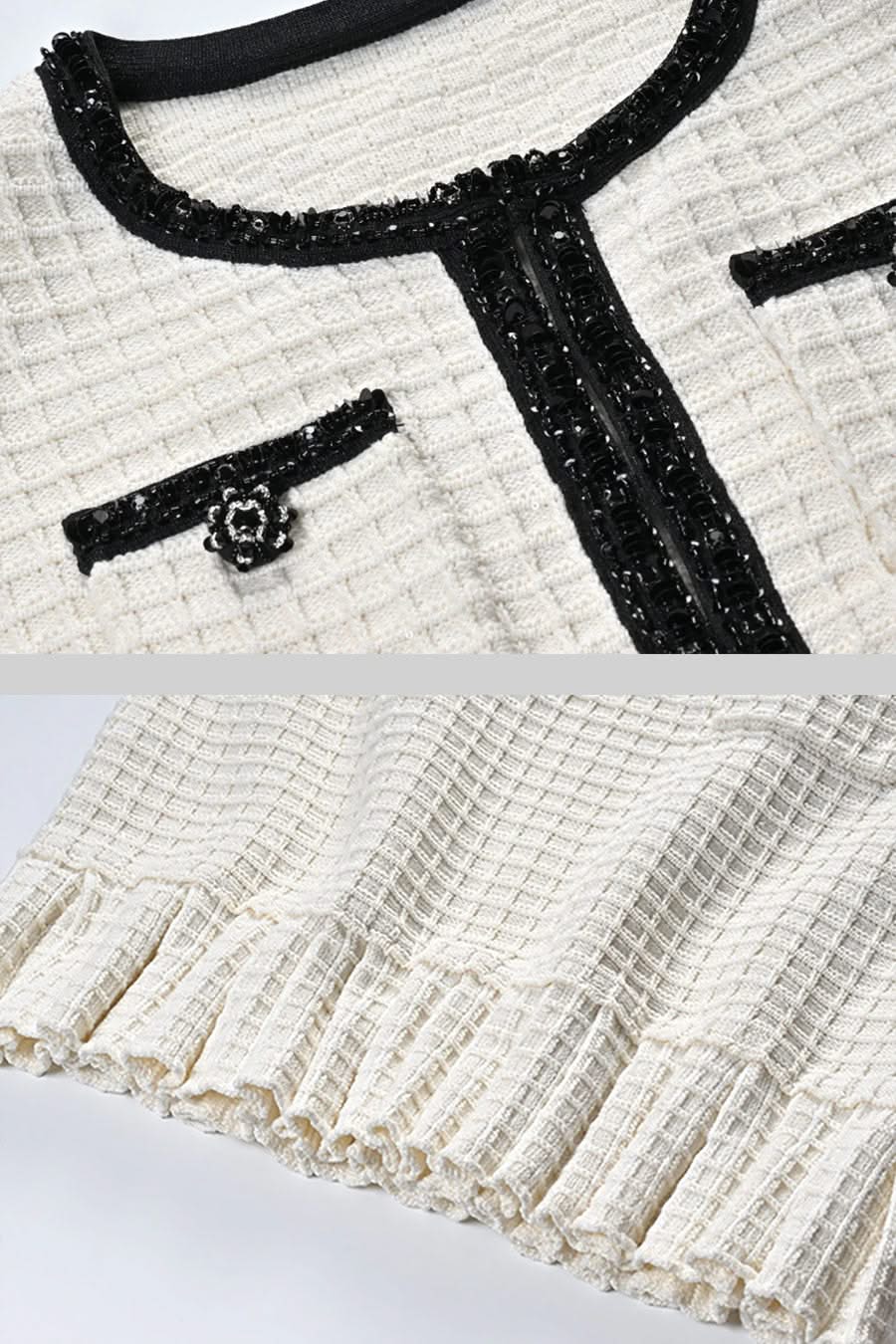 Siyah Detaylara Sahip Tweed Takım - Fildişi