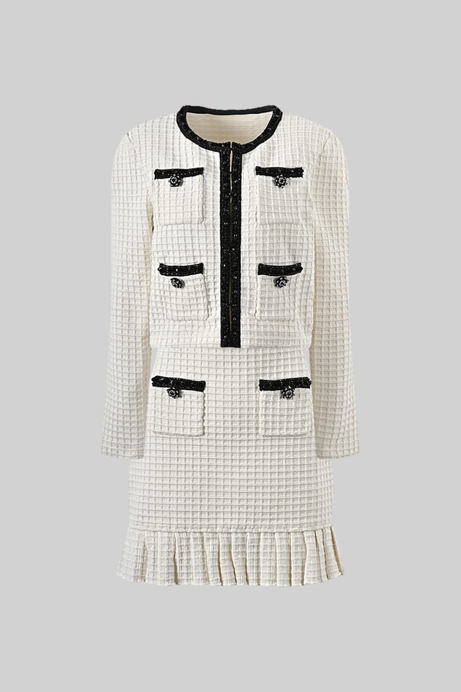 Siyah Detaylara Sahip Tweed Takım - Fildişi