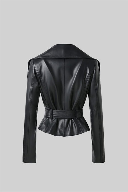 Wide Lapel Leather Jacket With Belt - Black