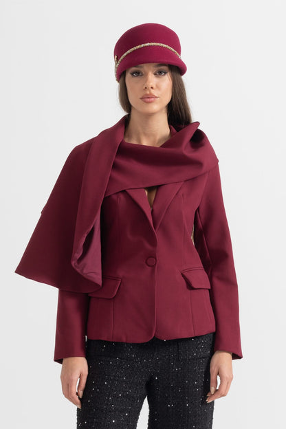 Asimetrik Drapeli Eşarplı Modern Blazer - Bordo