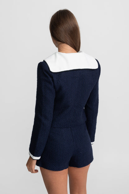 Kontrast Cepli Kemerli Tweed Mini Etek - Lacivert