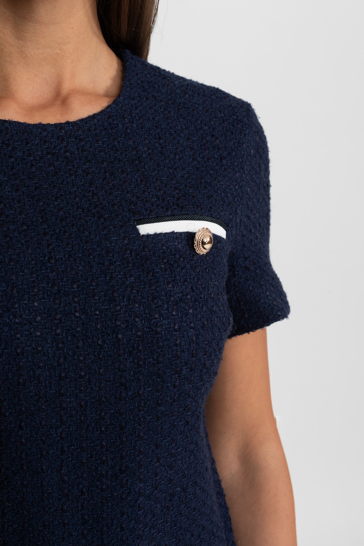 Kontrast Cepli Kemerli Tweed Mini Elbise - Lacivert