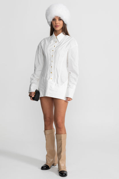 Altın Düğme Detaylı Yapılandırılmış Mini Elbise - Beyaz