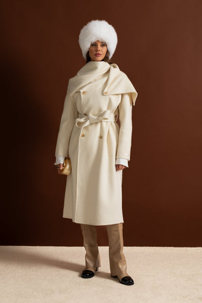 Büyük Yaka Yakalı Uzun Palto - Bej