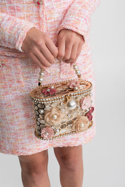 İnci Saplı Çiçekli Çanta – Altın