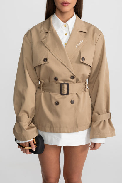 Kemerli Belden Kırpılmış Kruvaze Trençkot - Deve Tüyü