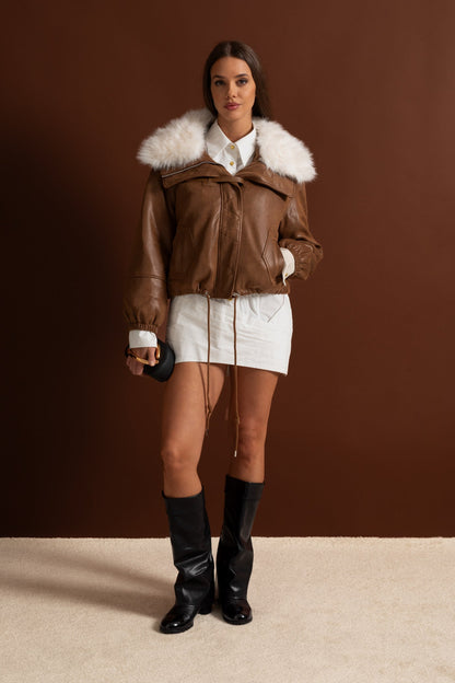 Sahte Kürk Yakalı Kısa Süet Ceket - Kahverengi
