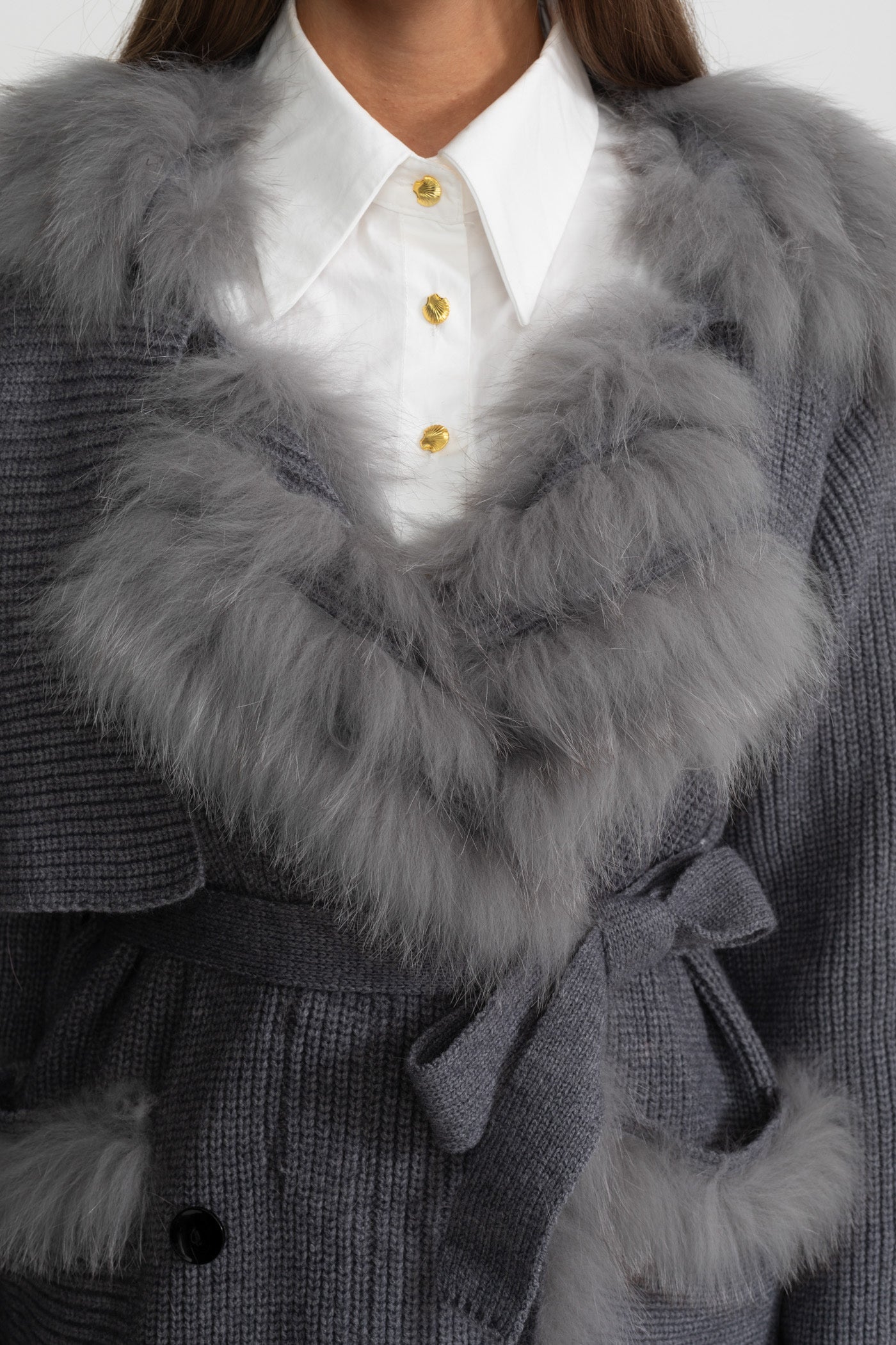 Kürk Kenarlı Kruvaze Yün Örgü Palto - Gri