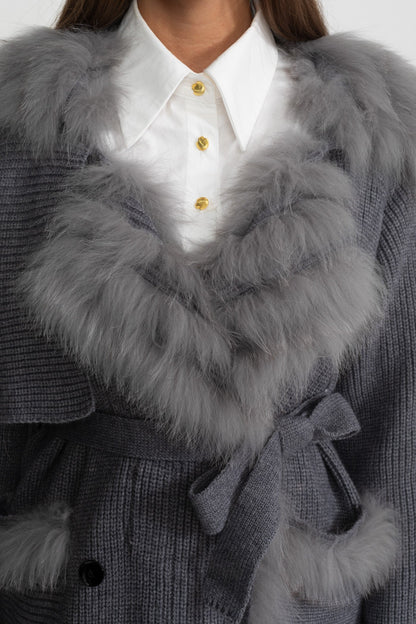 Kürk Kenarlı Kruvaze Yün Örgü Palto - Gri