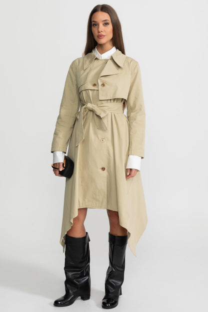 Kuşaklı Ve Asimetrik Etekli Uzun Trençkot - Bej
