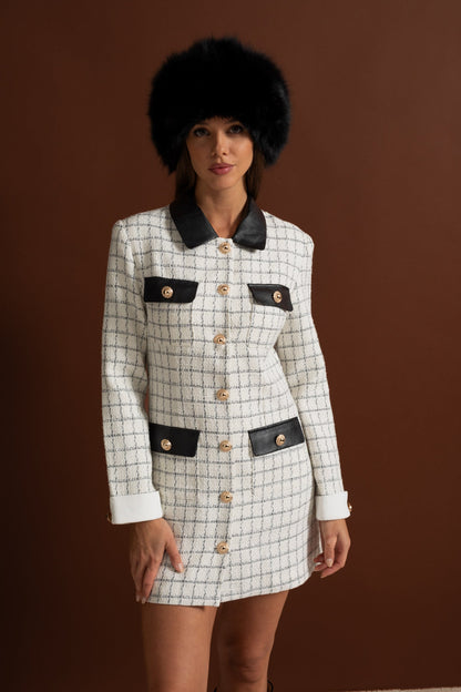 Kontrast Deri Detaylara Sahip Uzun Kollu Tweed Mini Elbise – Beyaz Ve Siyah