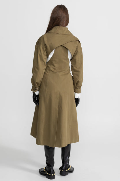 Kemerli Bel Ve Cepli Kesik Trençkot - Haki
