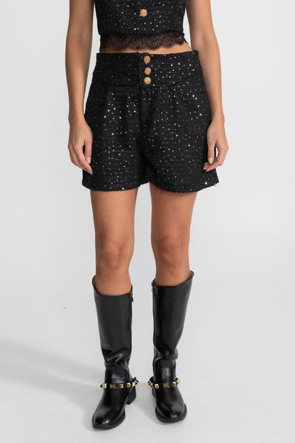 Kısa Ceket, Dantel Üst Ve Yüksek Bel Şorttan Oluşan Süslemeli 3 Parçalı Takım – Siyah