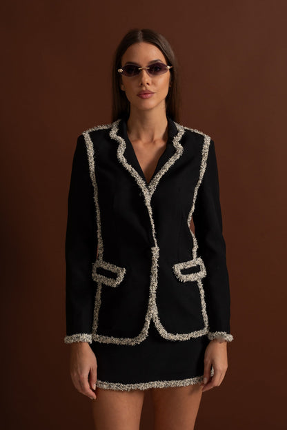 Parıltılı Kenarlı Blazer Ve Uyumlu Mini Etekli Tweed Takım - Siyah