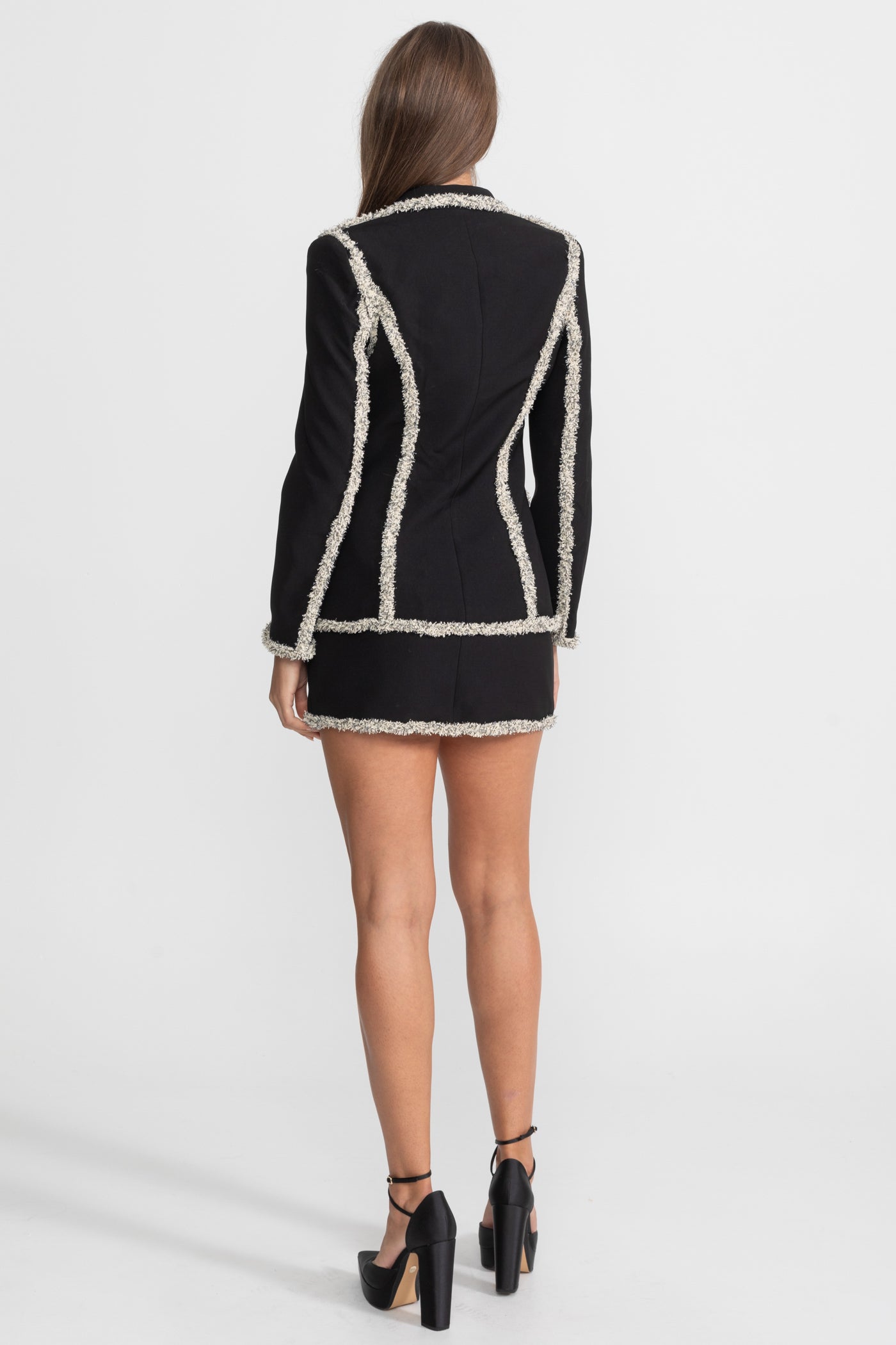 Parıltılı Kenarlı Blazer Ve Uyumlu Mini Etekli Tweed Takım - Siyah