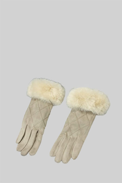 Kürklü Süet Kapitone Eldiven - Bej