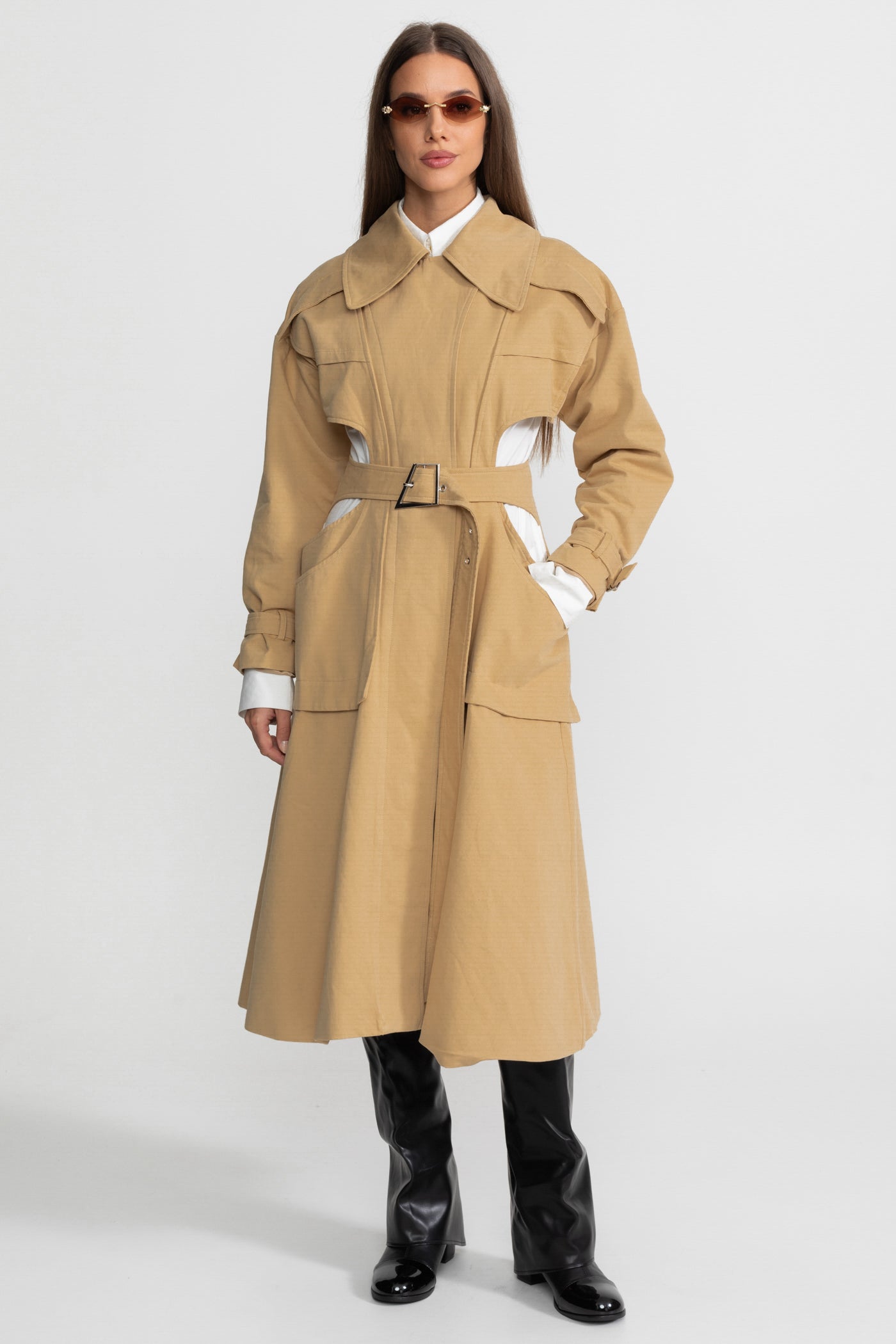 Beli Kemerli Ve Cepli Kesik Trençkot - Bej