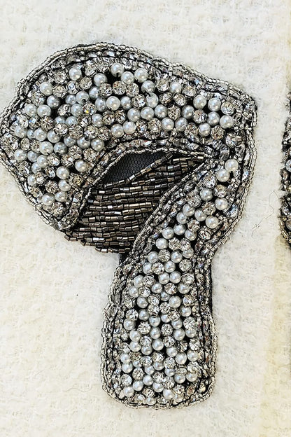 Zıt Renkli Elemanlar Ve Metalik Fiyonk Detaylarıyla Tweed Blazer - Beyaz